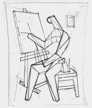 Szkic człowieka siedzącego przy płótnie